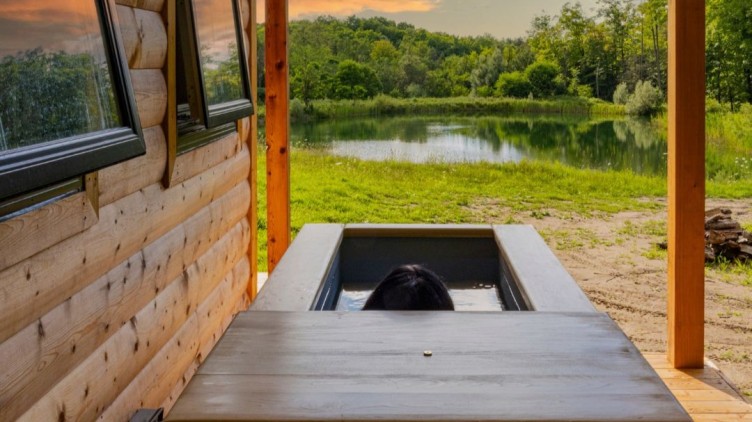 Custom vs Off-the-Shelf LN article Post Luxury cold tub outdoors facing grassy and lake landscape